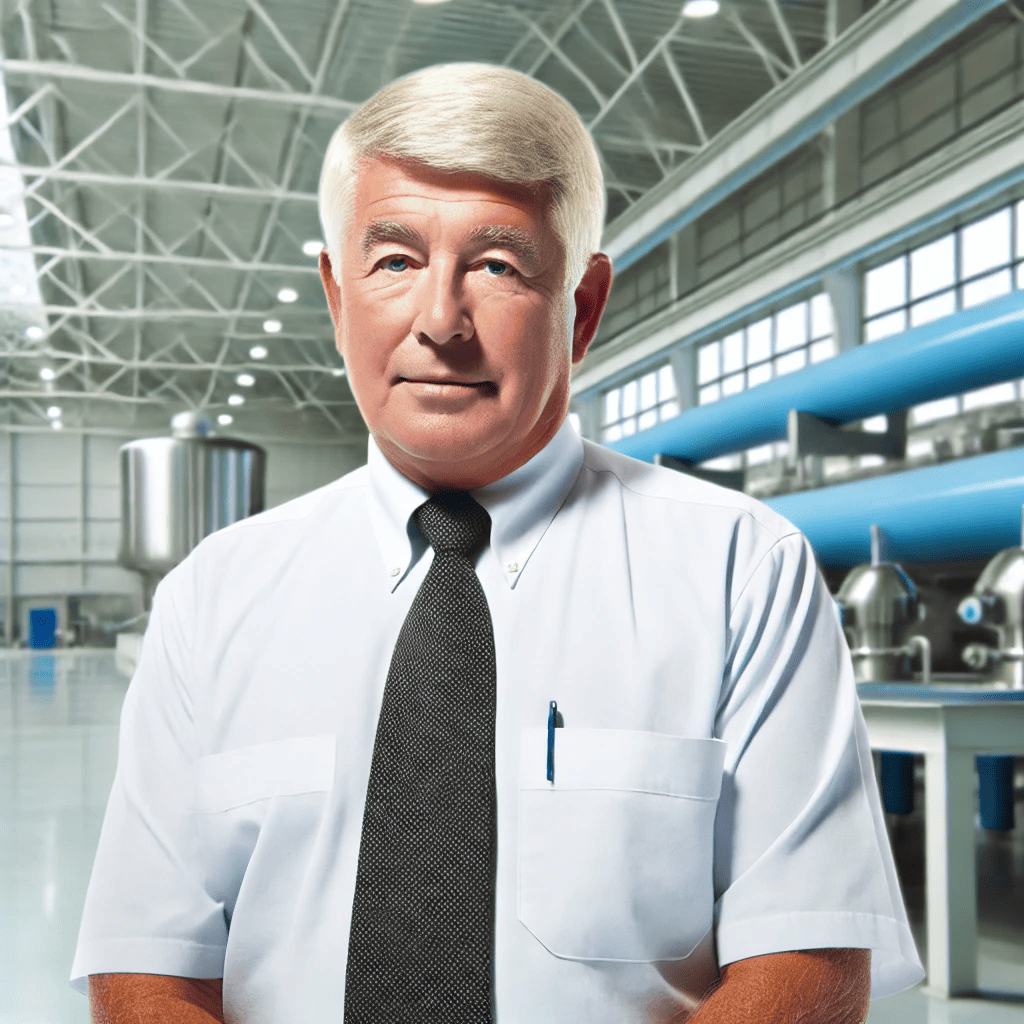 Dr. William Clearwater, a water expert, standing in front of a water treatment facility, discussing water conservation strategies. He holds a clipboard and is surrounded by greenery and advanced purification technology, symbolizing innovation and sustainability in clean water management.